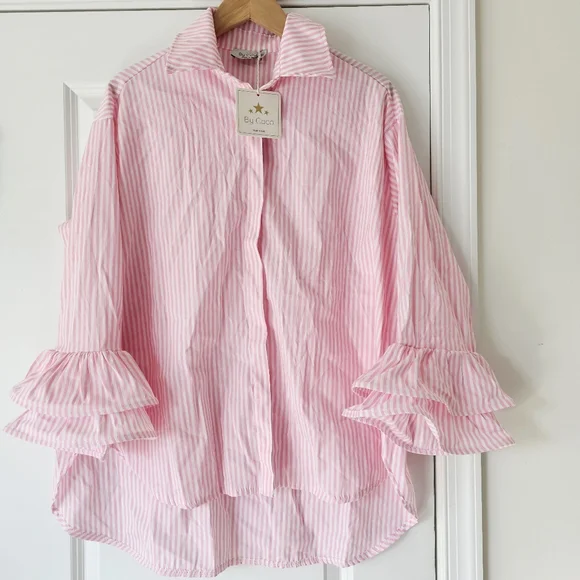 Italian 100% Cotton By Coco Pink White Striped Ruffle Button Up Shirt Size L/XXL - Picture 6 of 15